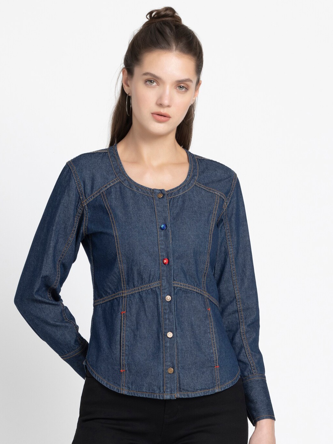 

SHAYE Stretchable Washed Cotton Denim Embroidered Crafted With Shape Seem Round Neck Shirt, Blue