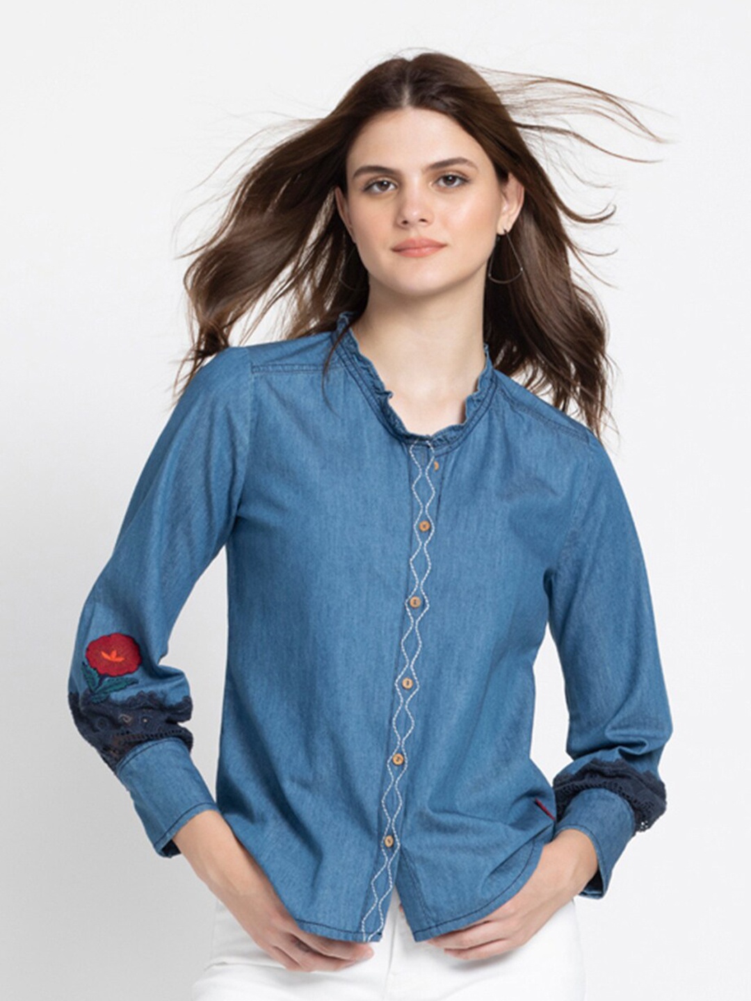 

SHAYE Washed Cotton Denim With Lace & Flower Patch Premium Shirt, Blue