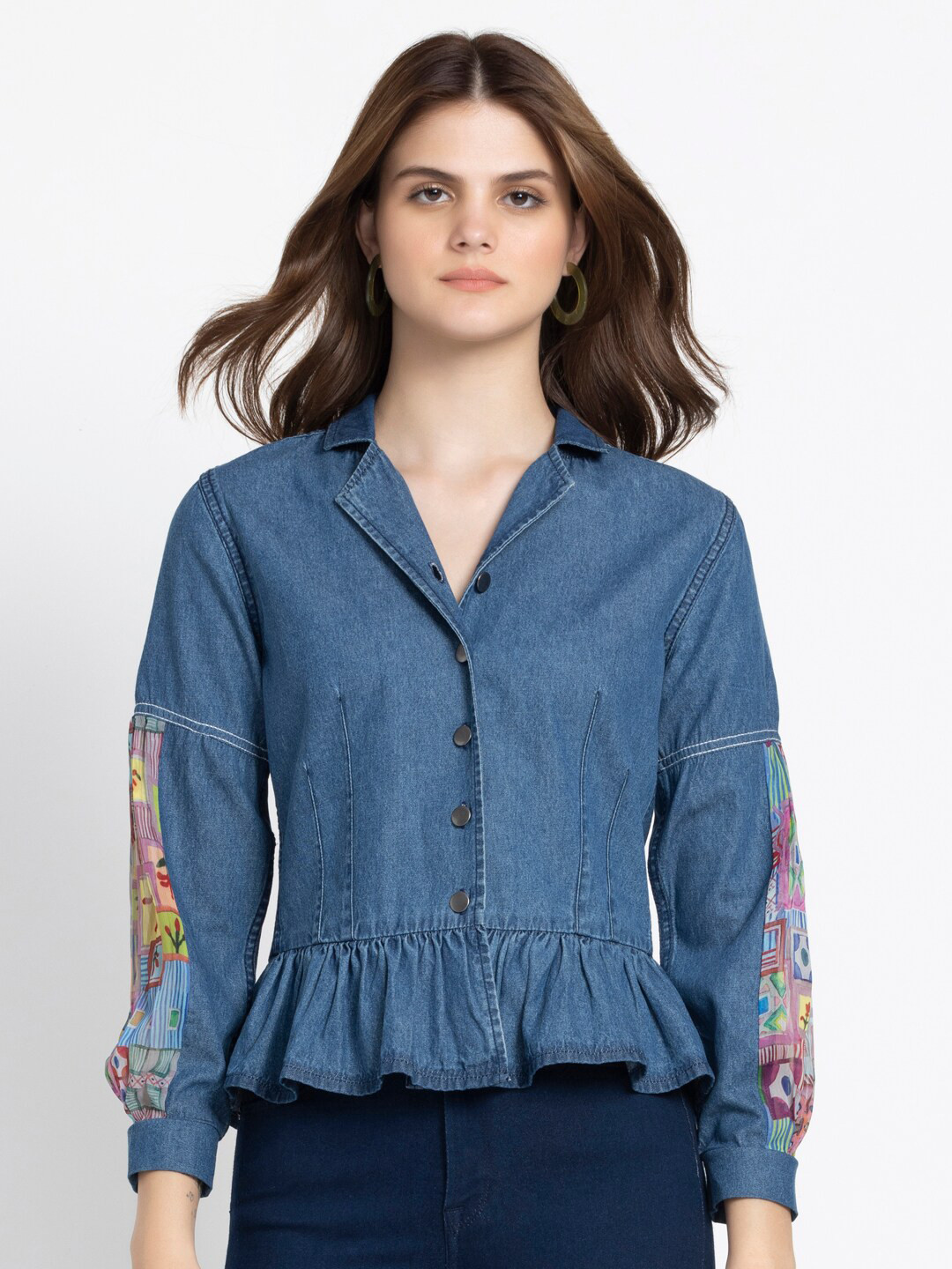 

SHAYE Premium Cotton Denim Washed Crafted With Print Gather Sleeves Shirt, Blue