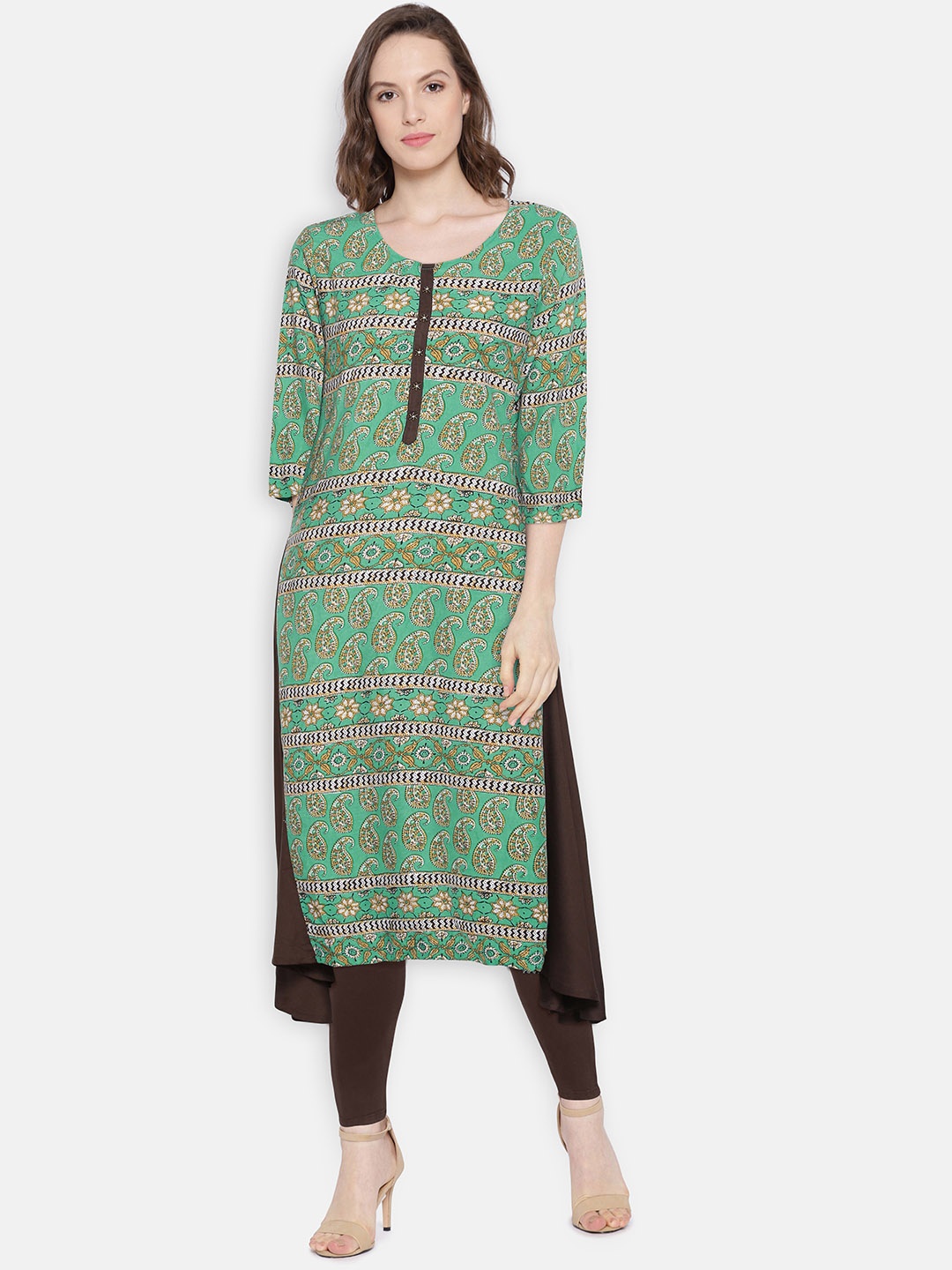 

Shree Women Green & Brown Printed A-Line Kurta