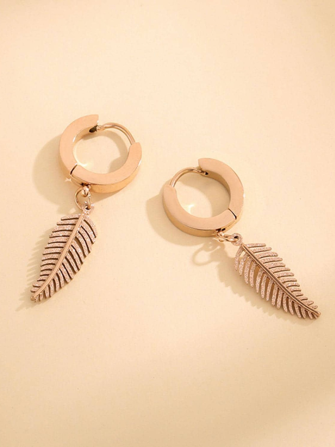 

MYKI Rose Gold-Plated American Diamond-Studded Leaf Shaped Hoop Drop Earring