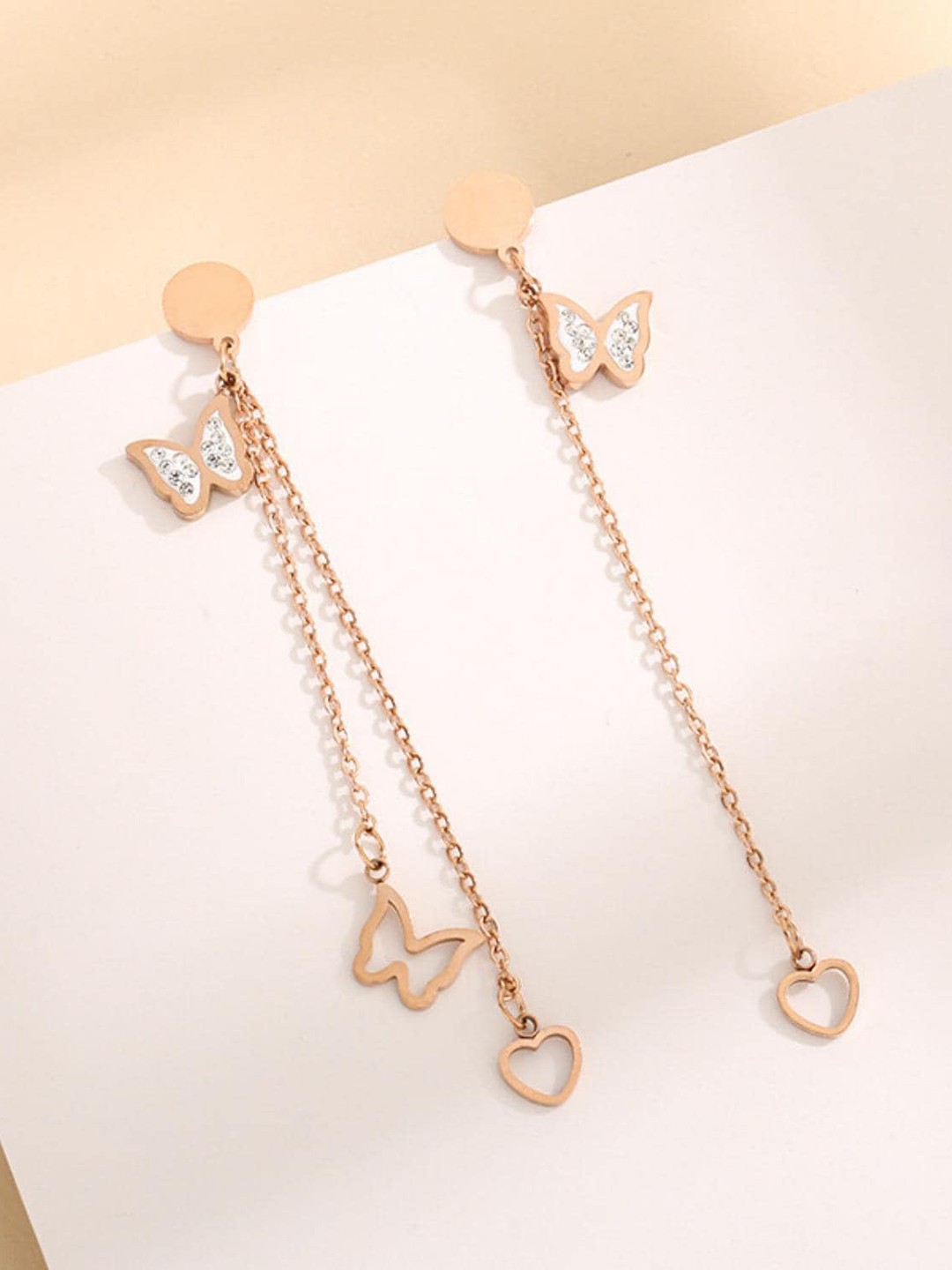 

MYKI Stainless Steel Rose Gold Plated American Diamond Studded Drop Earrings