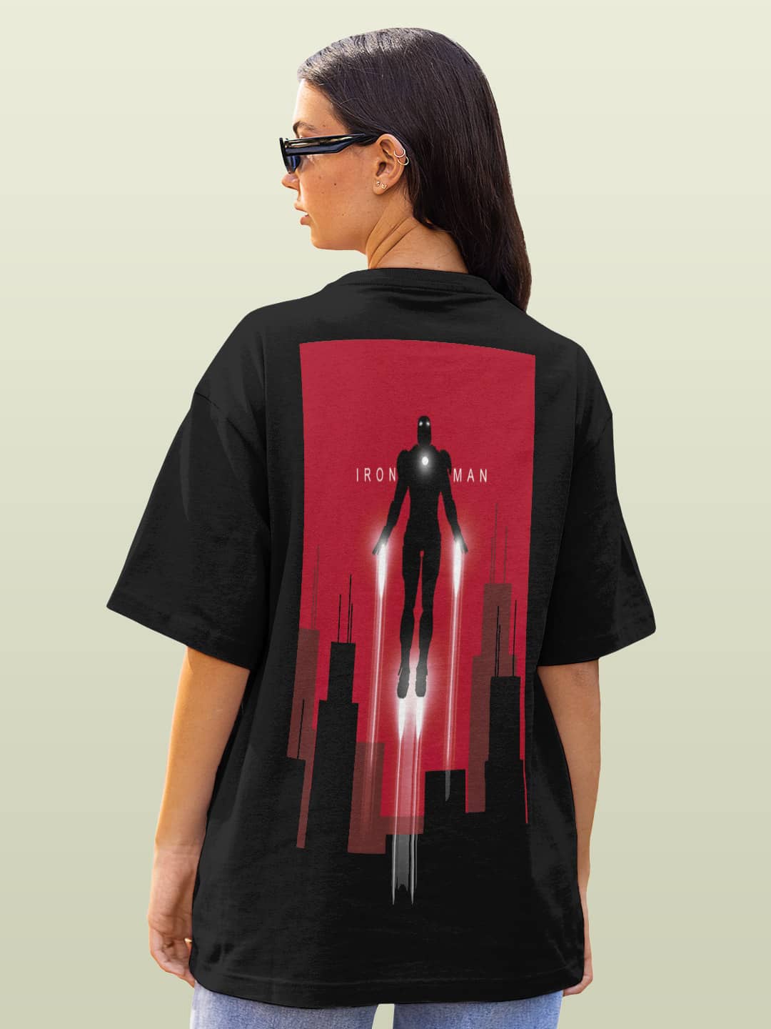 

macmerise Iron Man Printed Cotton Oversized T-shirt, Black