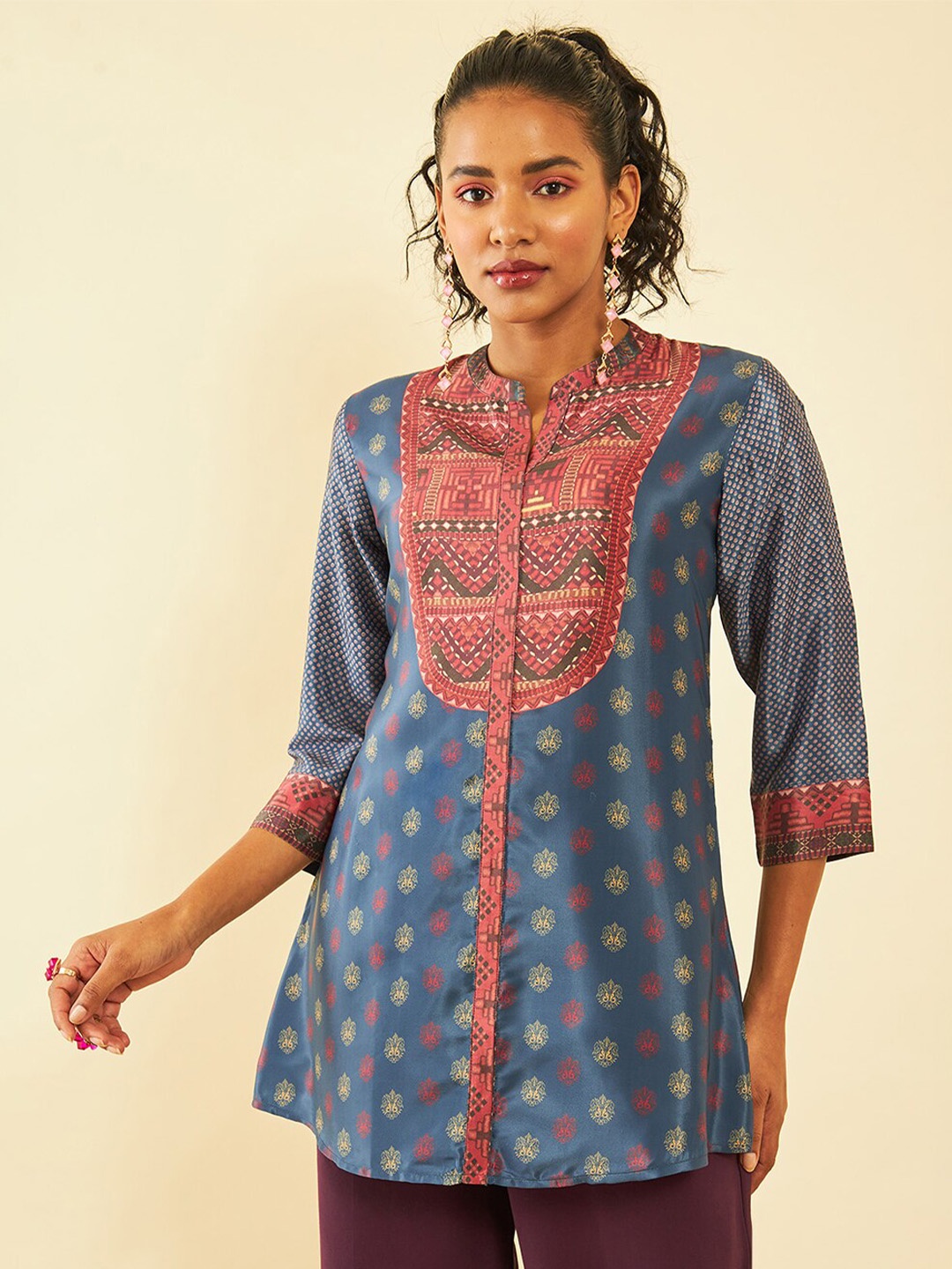 

Soch Blue Ethnic Motifs Printed Mandarin Collar Tunic