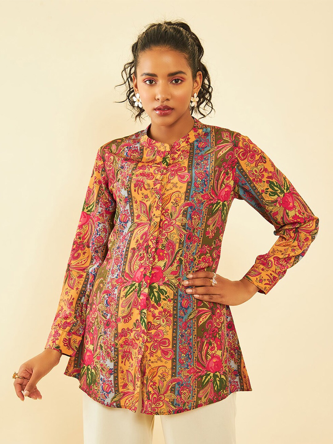 

Soch Mustard & Red Floral Printed Mandarin Collar Tunic