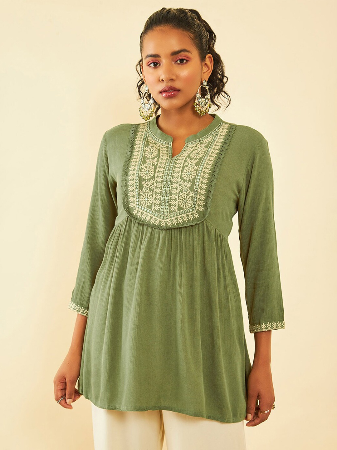 

Soch Floral Embroidered Mirror Work Crepe Mandarin Collar Tunic, Green