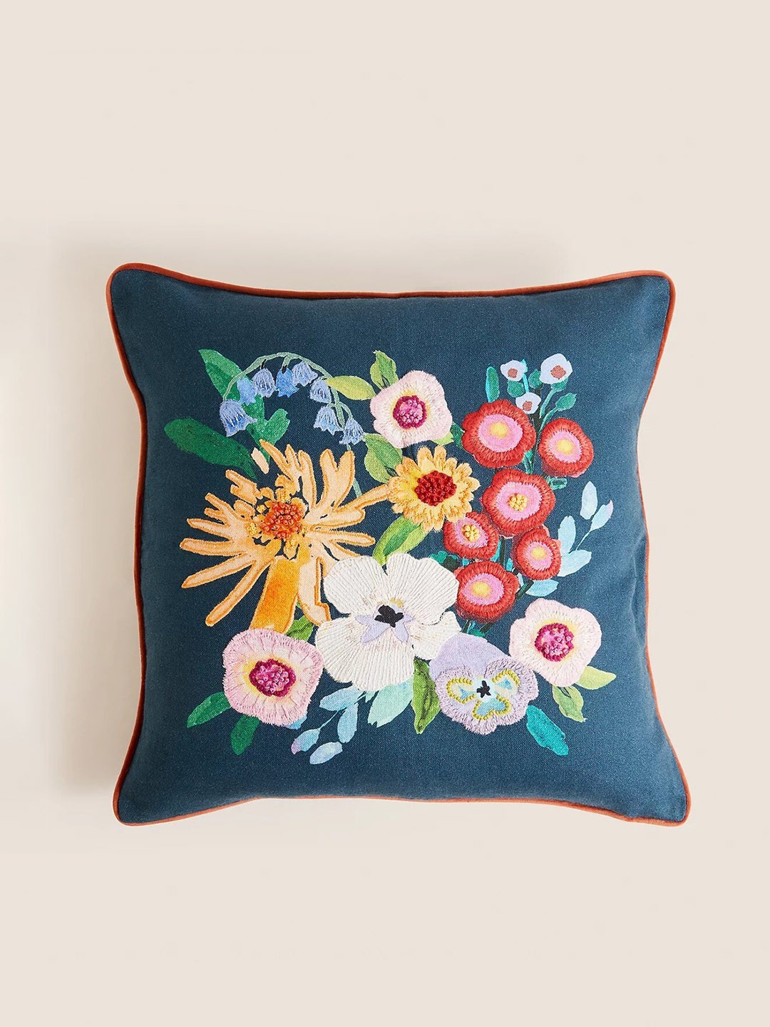 

Marks & Spencer Teal Green Floral Embroidered Cotton Linen Cushion