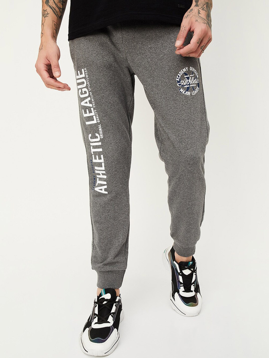 

max Men Typography Printed Cotton Mid Rise Joggers, Grey