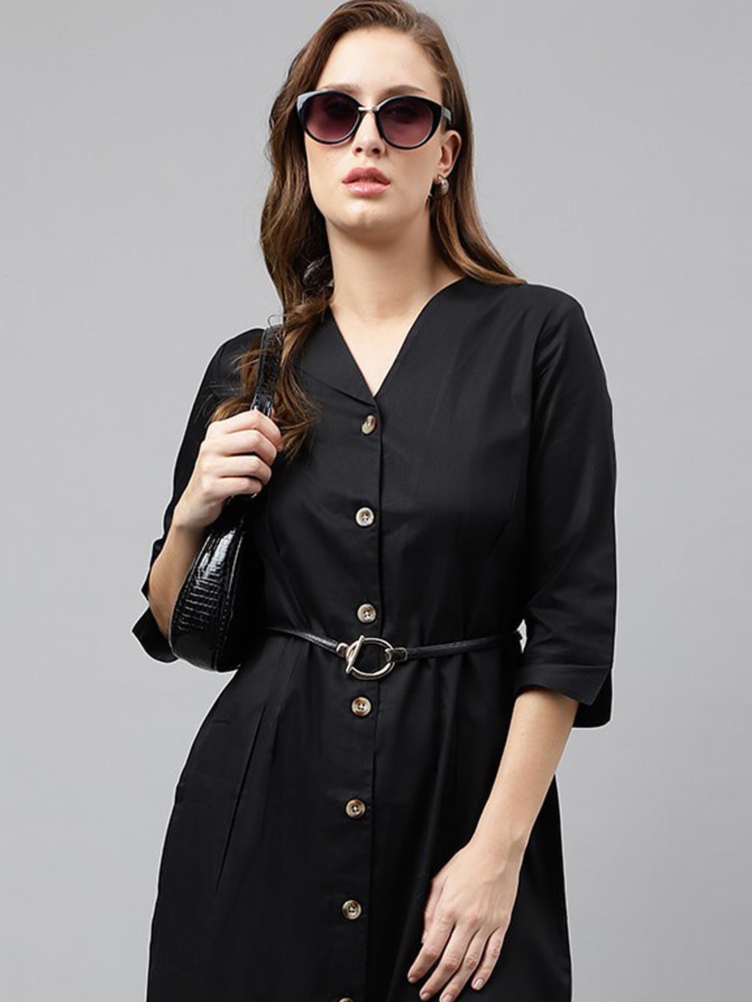 

Hancock Shirt Collar Pure Cotton Shirt Style Midi Dress, Black