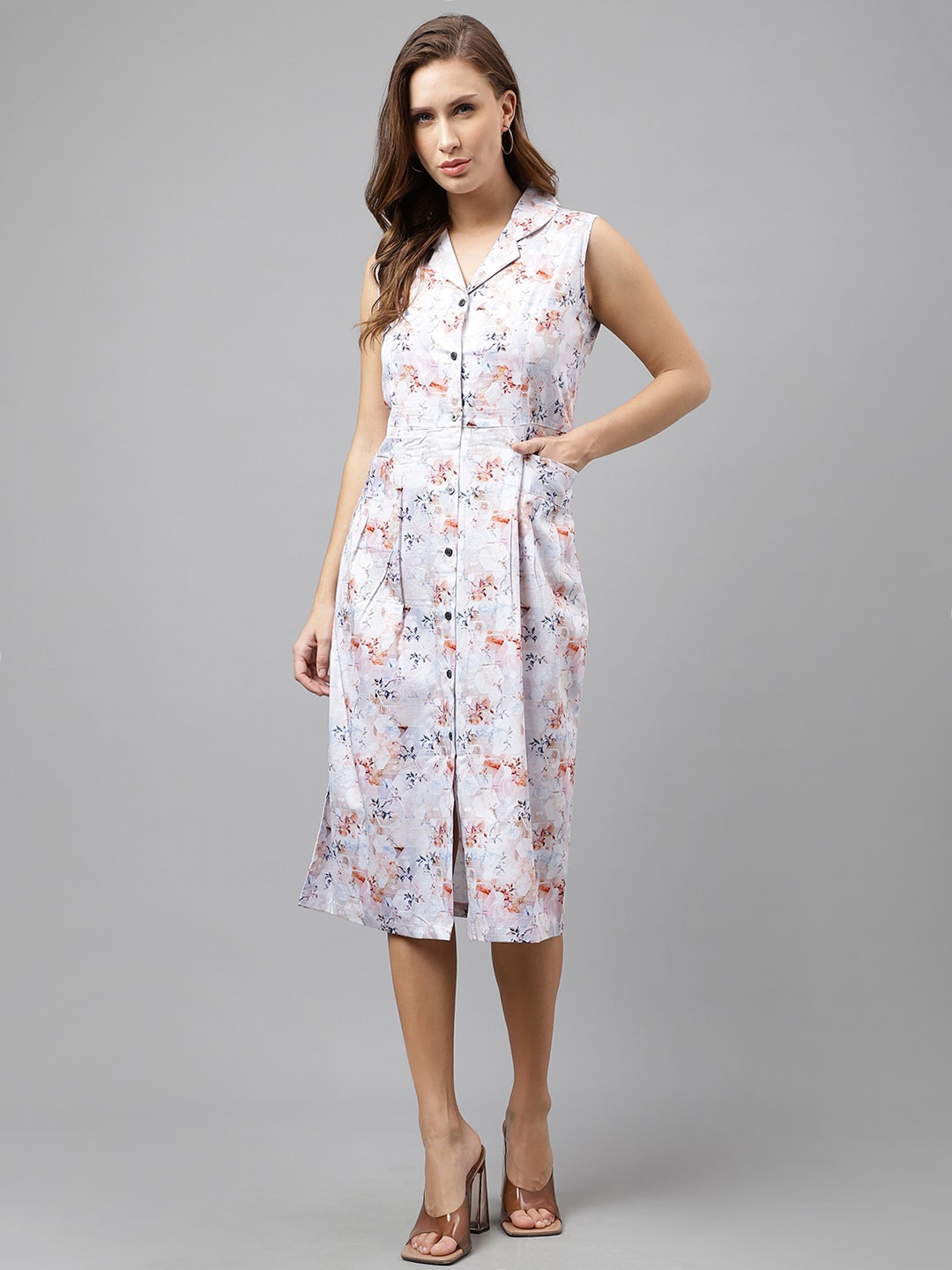 

Hancock Floral Printed Sleeveless Tie-Up Cotton Satin Shirt Style Midi Dress, White