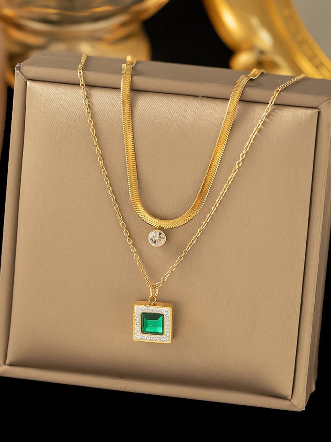 

MYKI Gold-Plated CZ Studded Pendant With Chain, Green