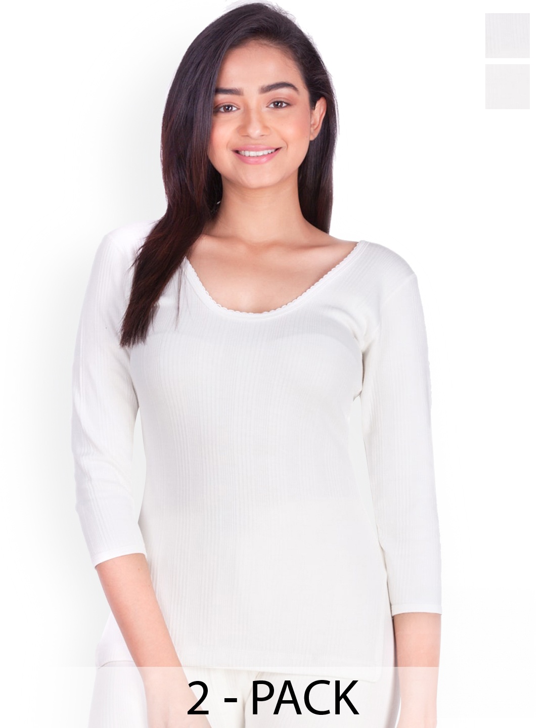 

Dollar Pack Of 2 Cotton Round Neck Thermal Tops, White