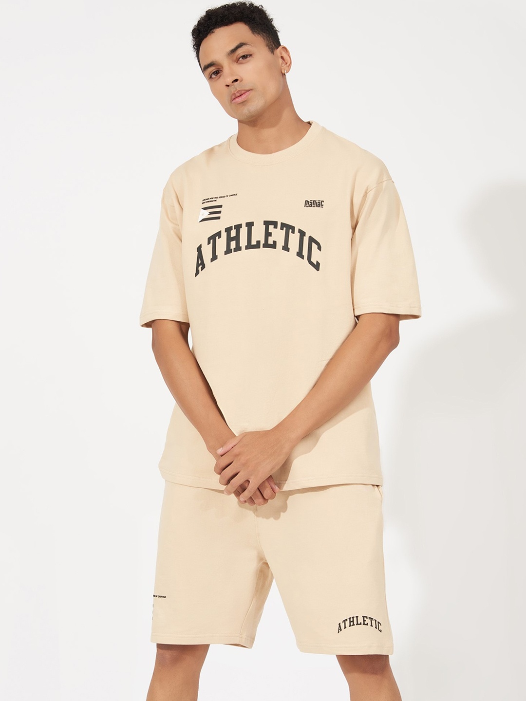 

Maniac Printed Pure Cotton T-Shirt With Flared Shorts Co-Ords, Beige