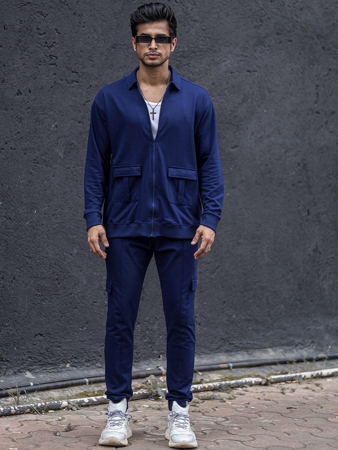 

Maniac Spread Collar Pure Cotton Shirt With Joggers, Blue