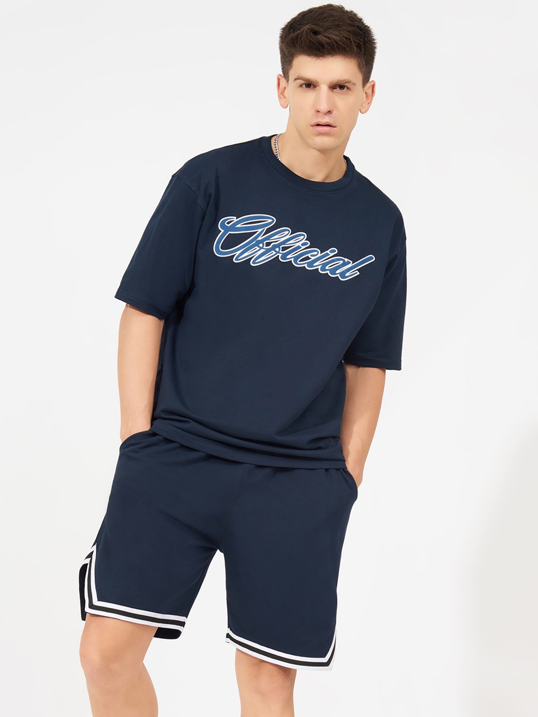 

Maniac Printed Pure Cotton T-Shirt With Flared Shorts Co-Ords, Navy blue