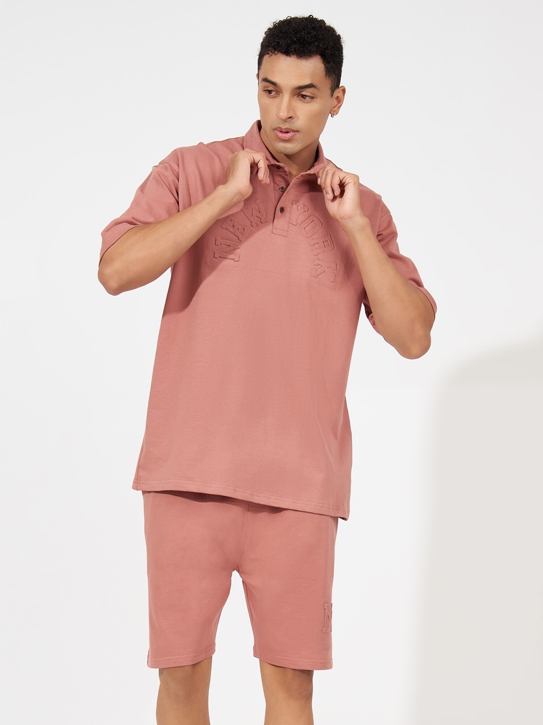 

Maniac Polo Collar Pure Cotton T-Shirt With Shorts Co-Ords, Pink