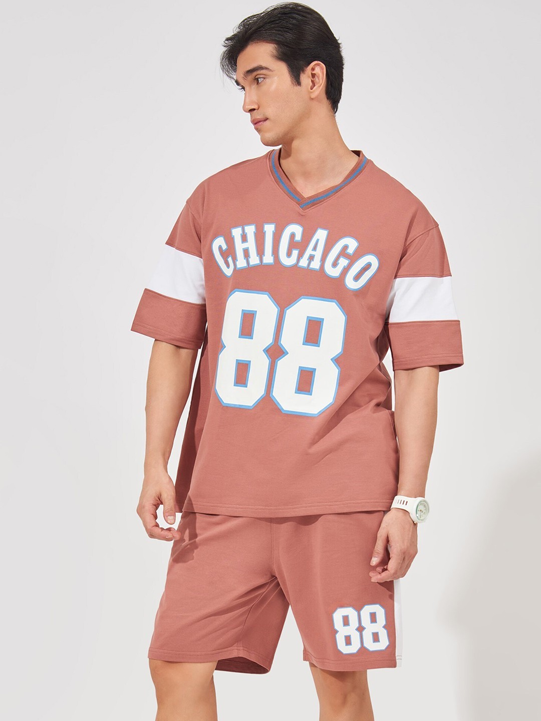

Maniac Typography Printed Cotton T-shirt With Shorts, Brown