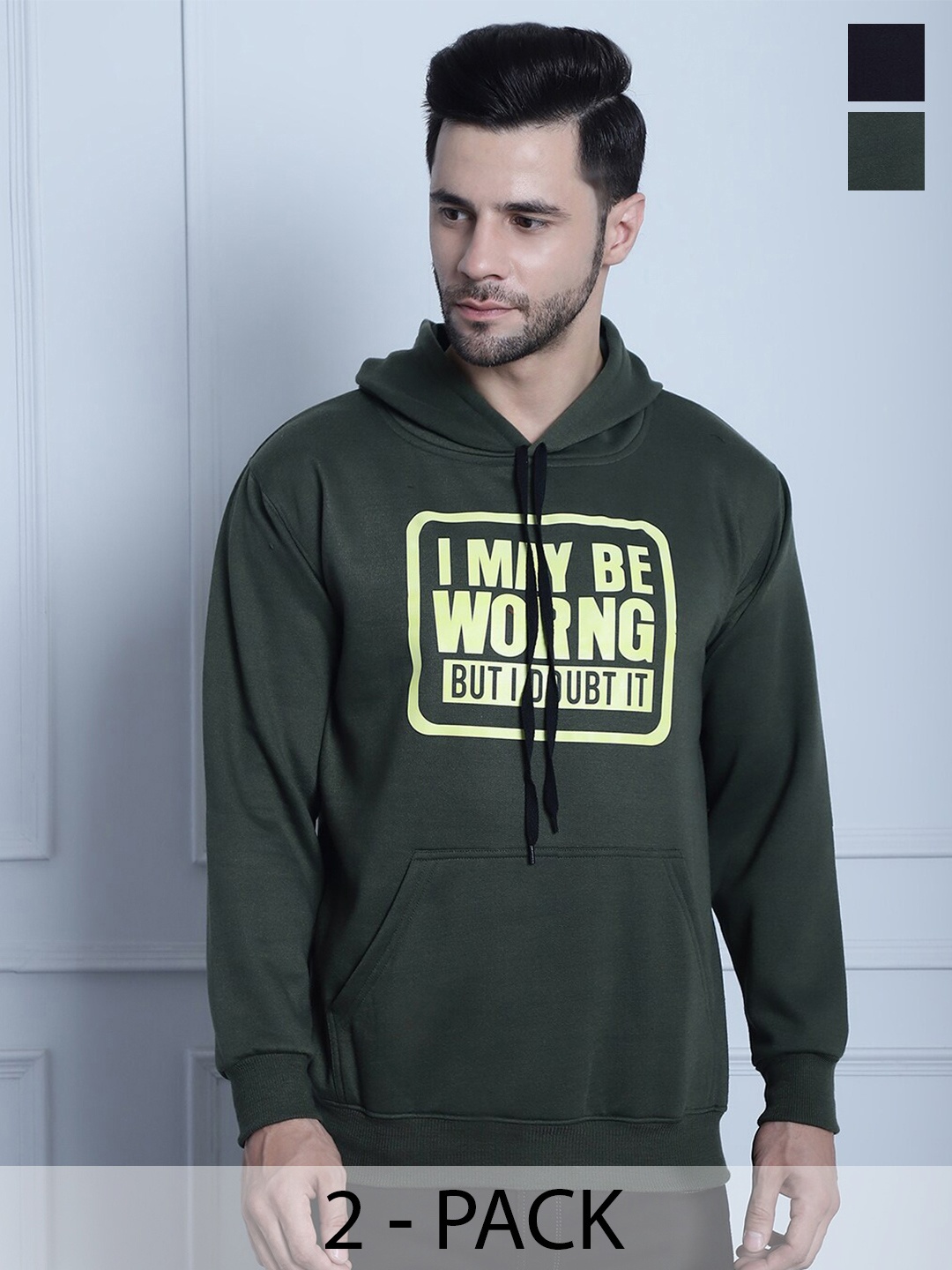 

MACK JONNEY Pack of 2 Typography Printed Fleece Pullover Sweatshirt, Green
