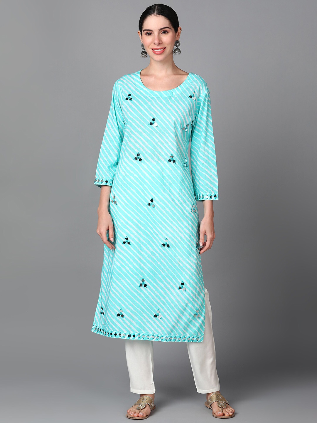 KALINI Leheriya Printed Mirror Work Kurta with Pyjamas, Blue