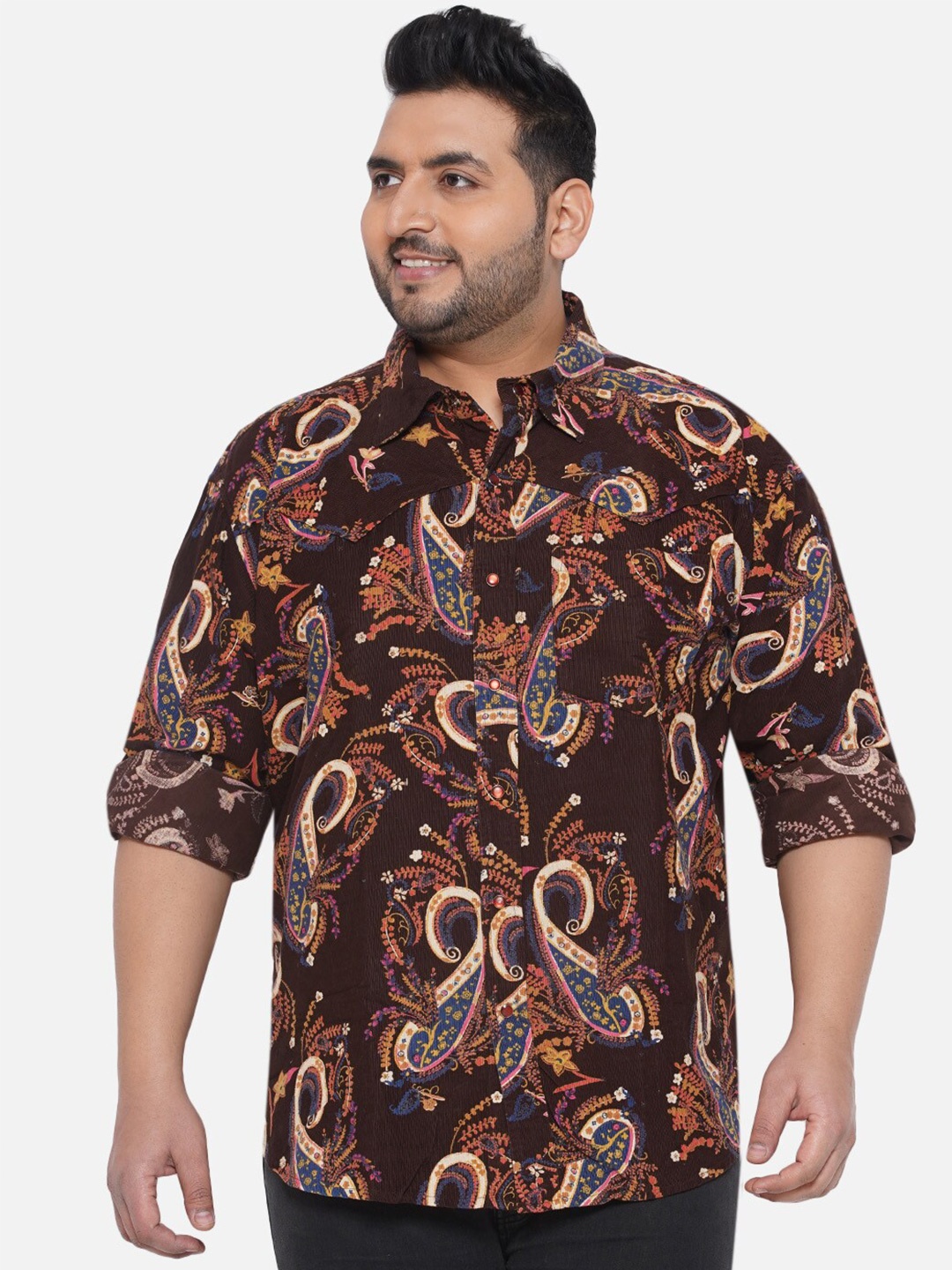 

Santonio Plus Size Classic Opaque Ethnic Motifs Printed Cotton Casual Shirt, Brown