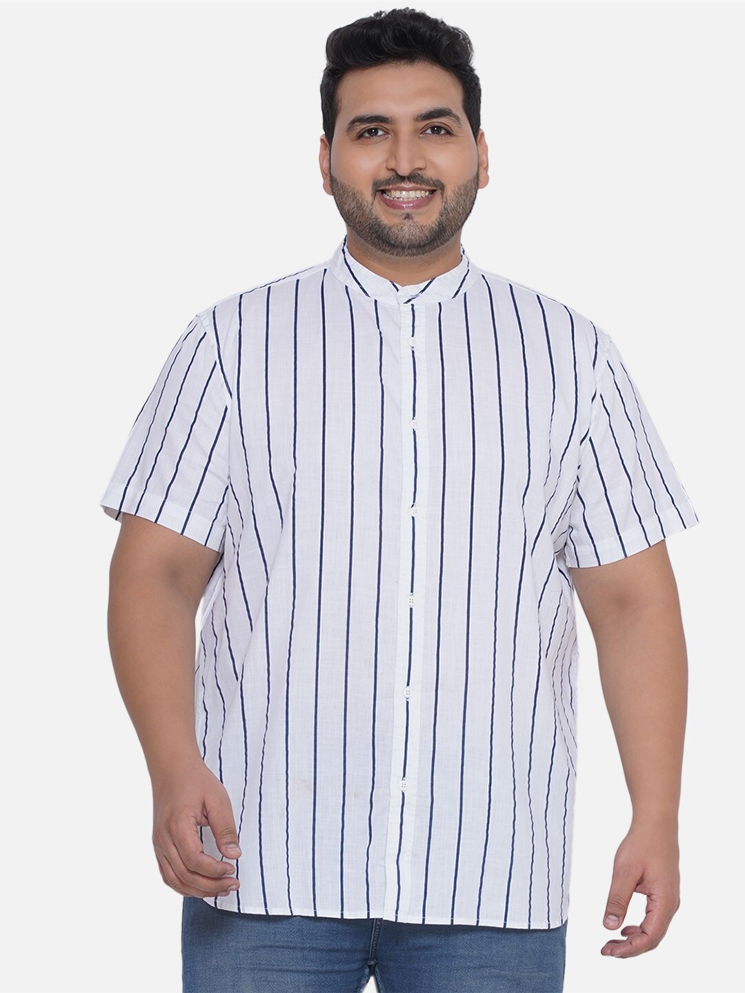 

Santonio Plus Size Classic Opaque Striped Band Collar Cotton Casual Shirt, White