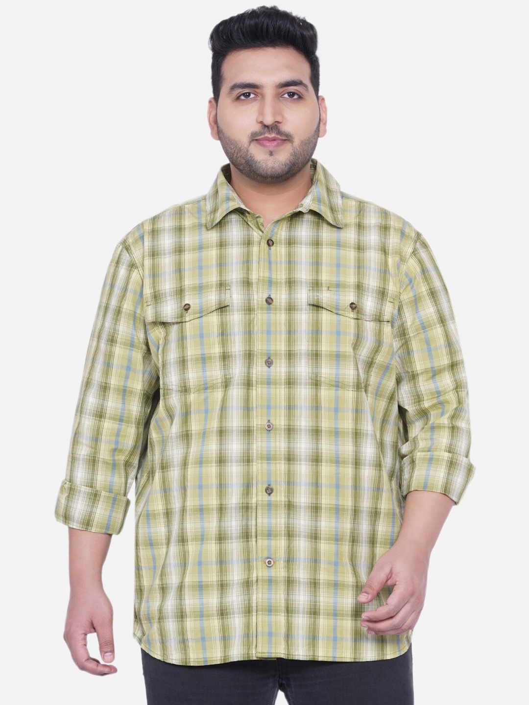 

Santonio Plus Size Classic Tartan Checked Opaque Cotton Casual Shirt, Green