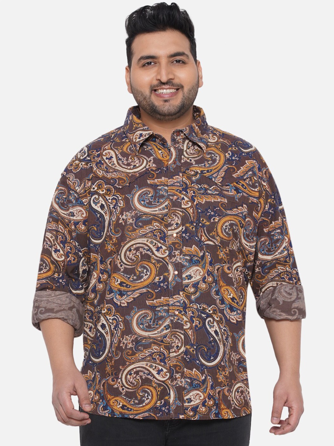 

Santonio Plus Size Ethnic Motifs Printed Classic Opaque Cotton Casual Shirt, Brown