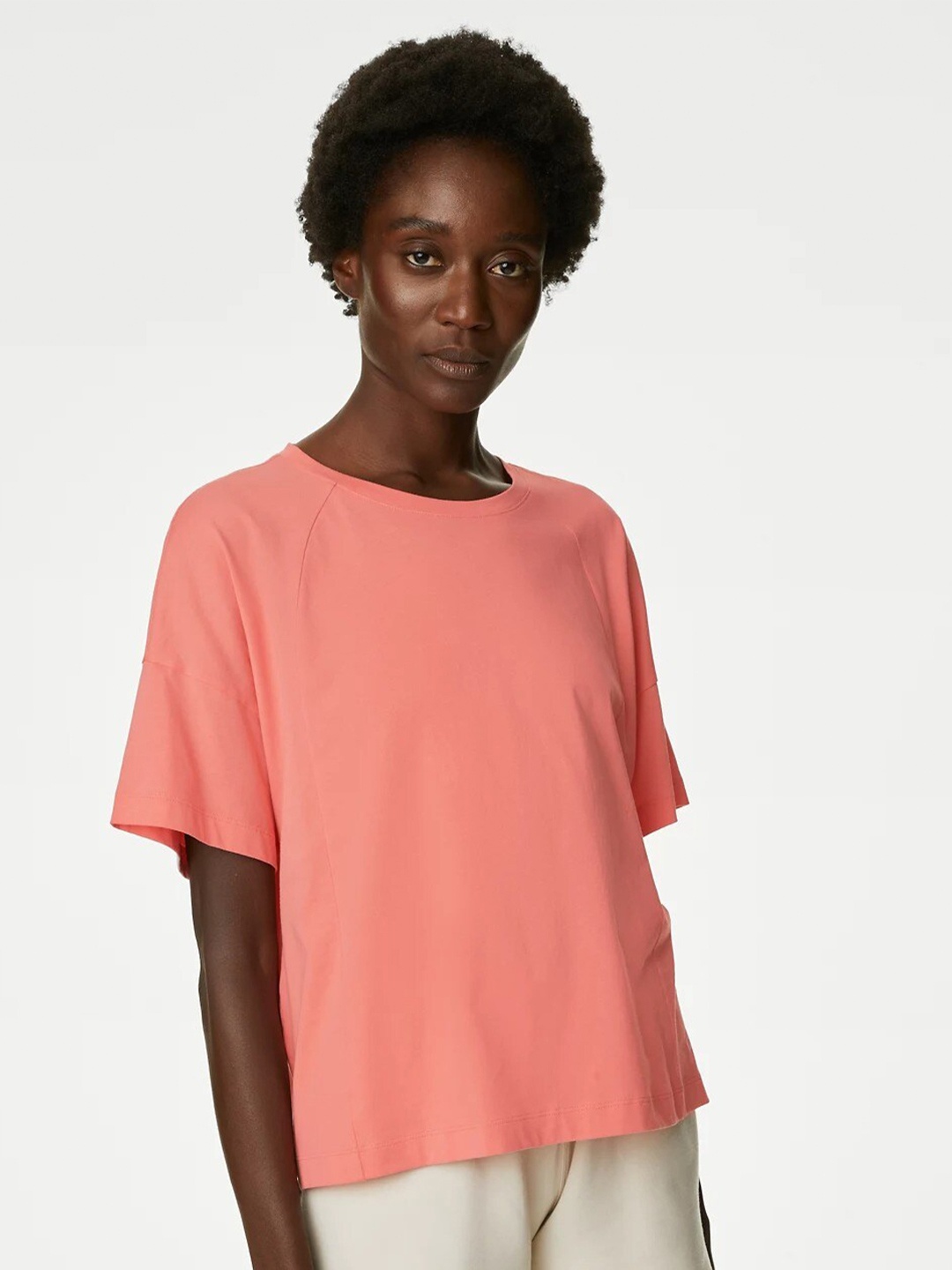 

Marks & Spencer Round Neck Drop-Shoulder Sleeves Pure Cotton T-shirt, Coral