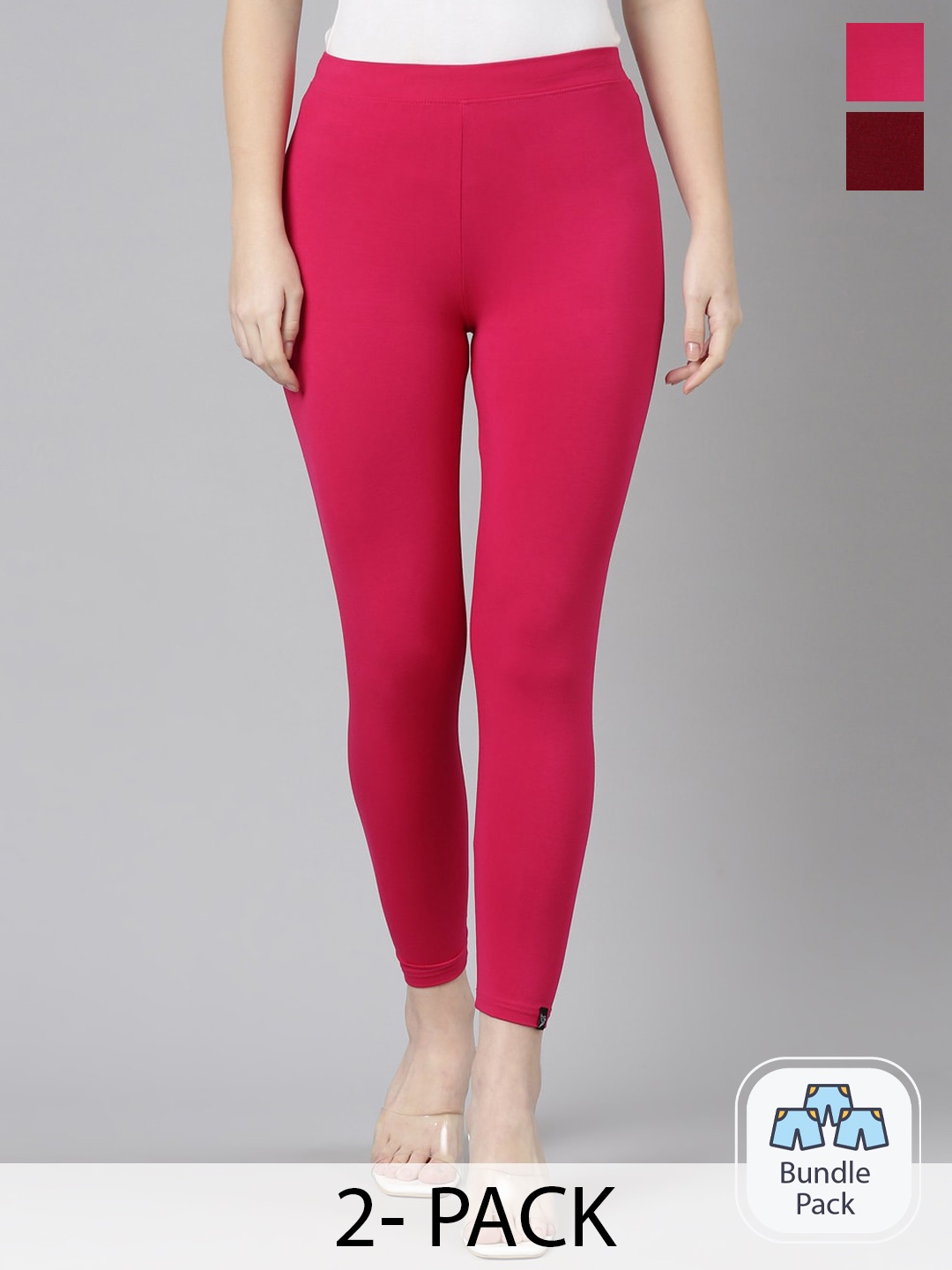 

Twin Birds Pack Of 2 Women Solid Skinny Fit High Ankle Cropped Leggings, Pink