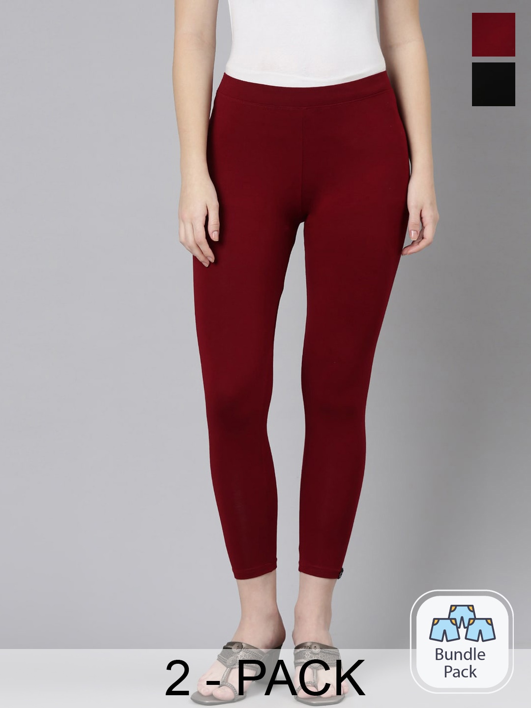 

Twin Birds Pack Of 2 Women Solid Skinny Fit High Ankle Cropped Leggings, Maroon
