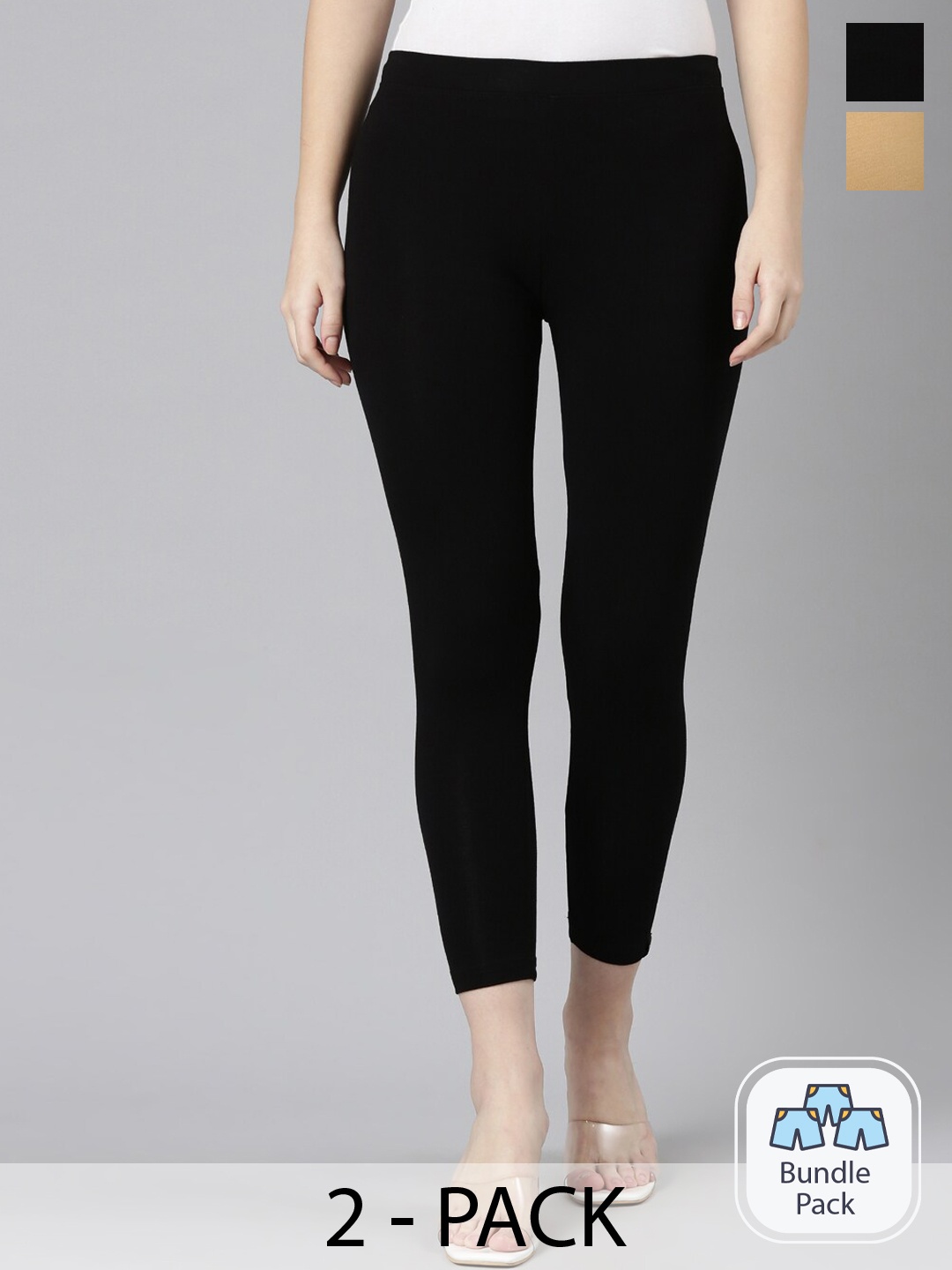 

Twin Birds Pack Of 2 Women Solid Skinny Fit High Ankle Cropped Leggings, Beige