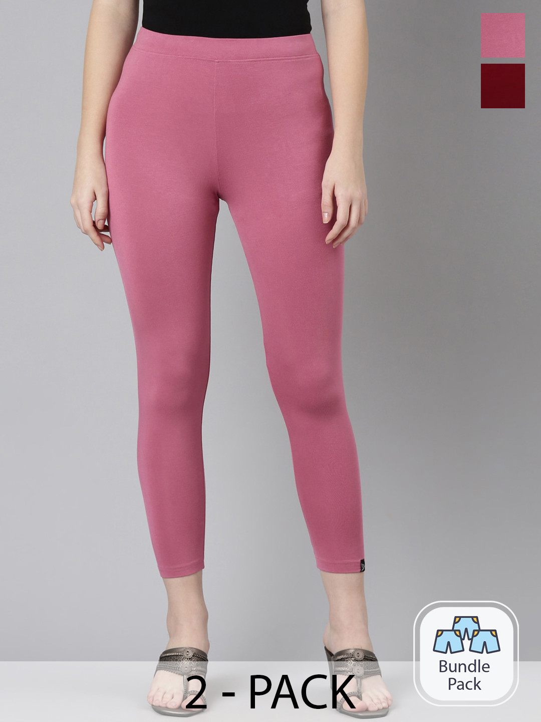 

Twin Birds Pack Of 2 Women Solid Skinny Fit High Ankle Cropped Leggings, Pink