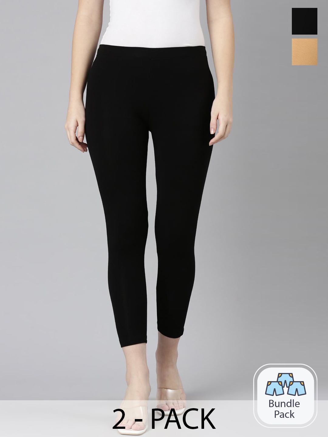 

Twin Birds Pack Of 2 Women Solid Skinny Fit High Ankle Cropped Leggings, Beige