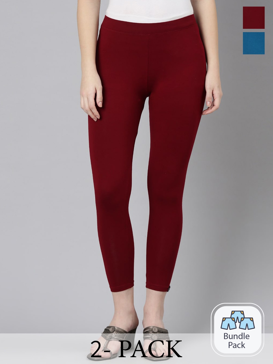 

Twin Birds Pack Of 2 Women Solid Skinny Fit High Ankle Cropped Leggings, Blue