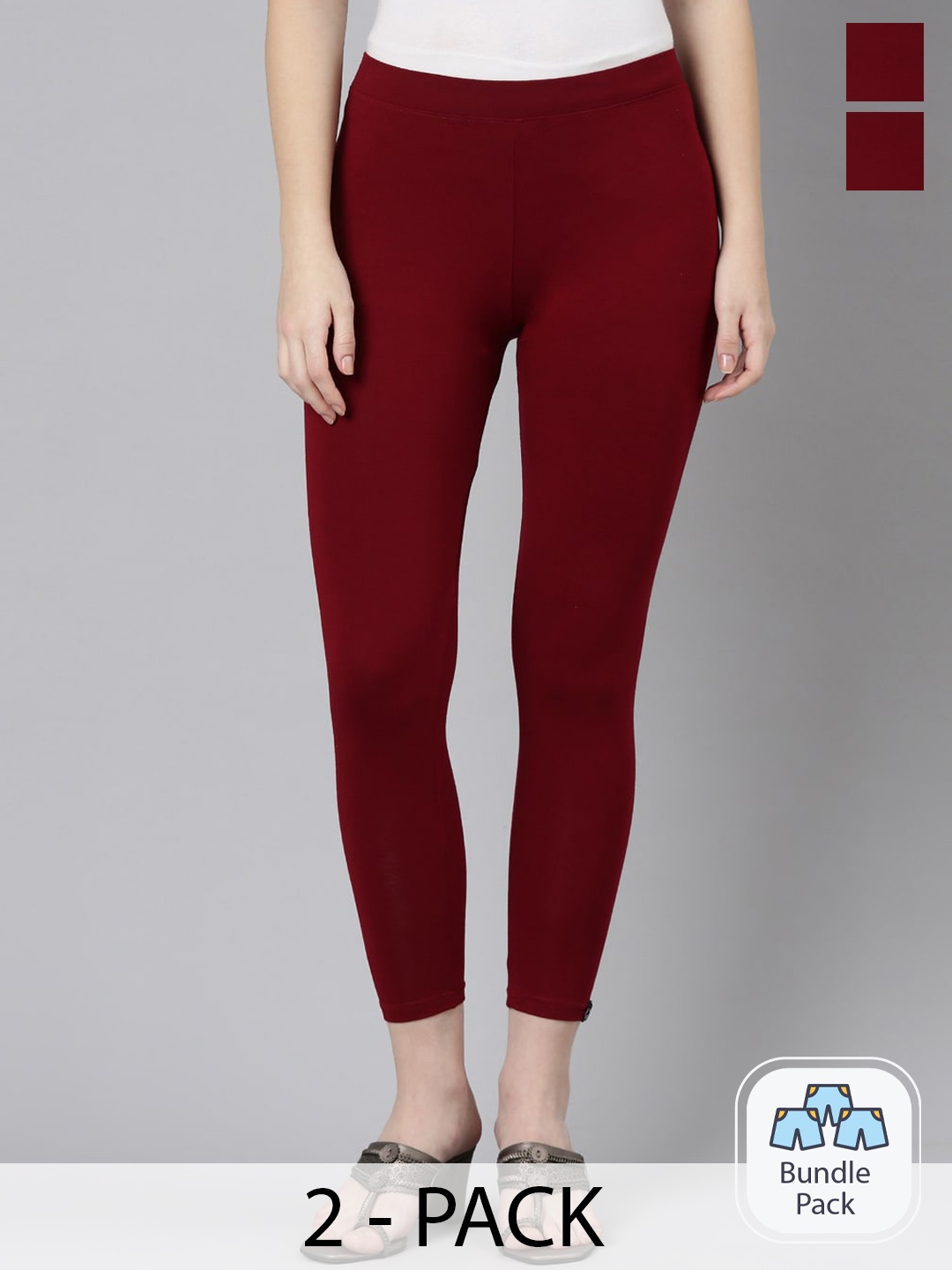 

Twin Birds Pack Of 2 Women Solid Skinny Fit High Ankle Cropped Leggings, Maroon