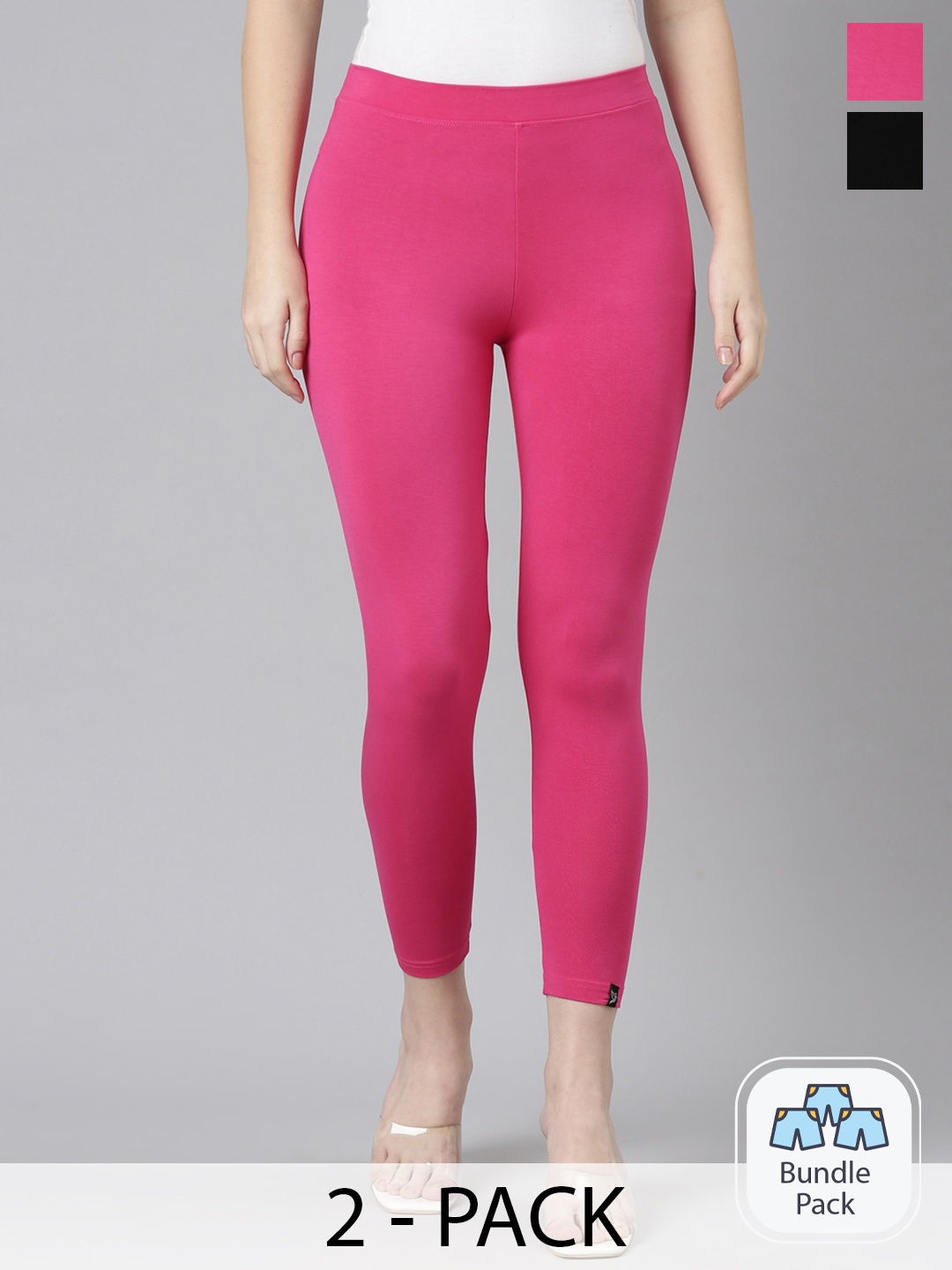 

Twin Birds Pack Of 2 Women Solid Skinny Fit High Ankle Cropped Leggings, Pink