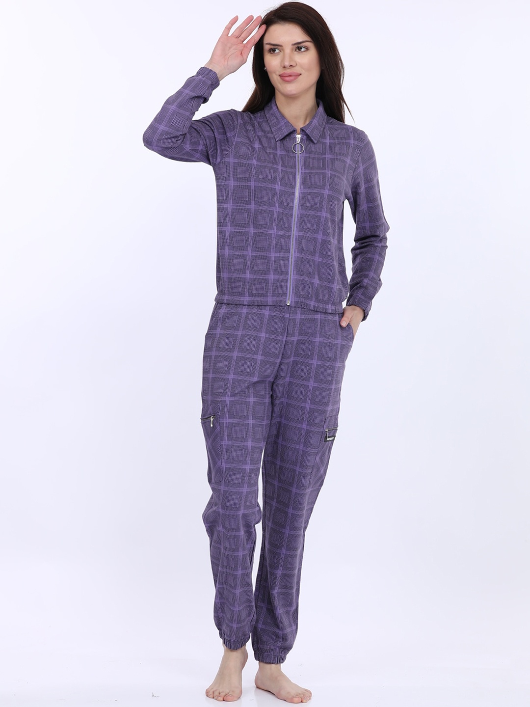 

MAYSIXTY Geometric Pure Cotton Printed Shirt With Pyjamas, Purple