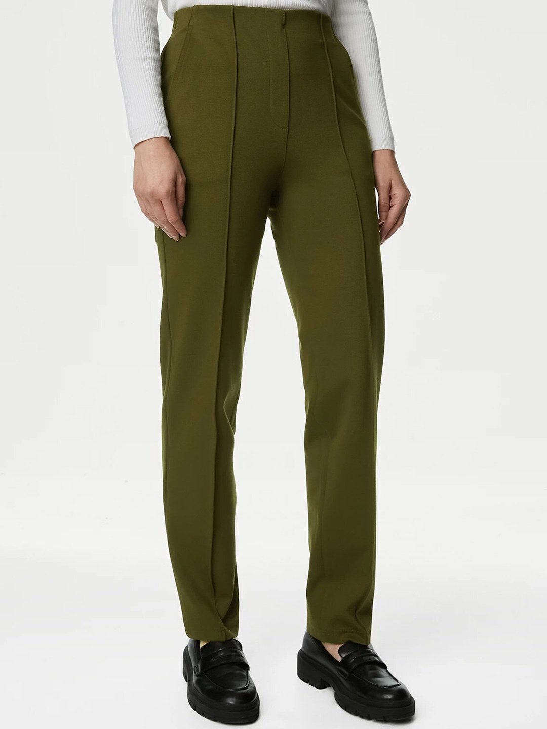 

Marks & Spencer Women Pintuck High-Rise Formal Trousers, Khaki