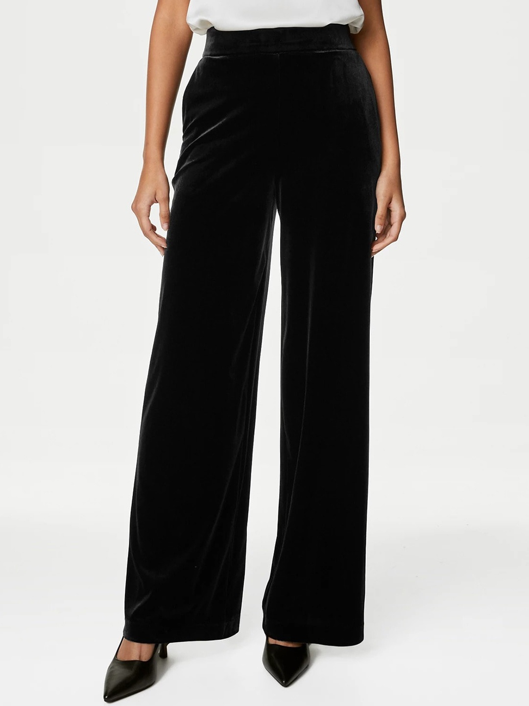 

Marks & Spencer Women Wide High-Rise Velvet Parallel Trousers, Black