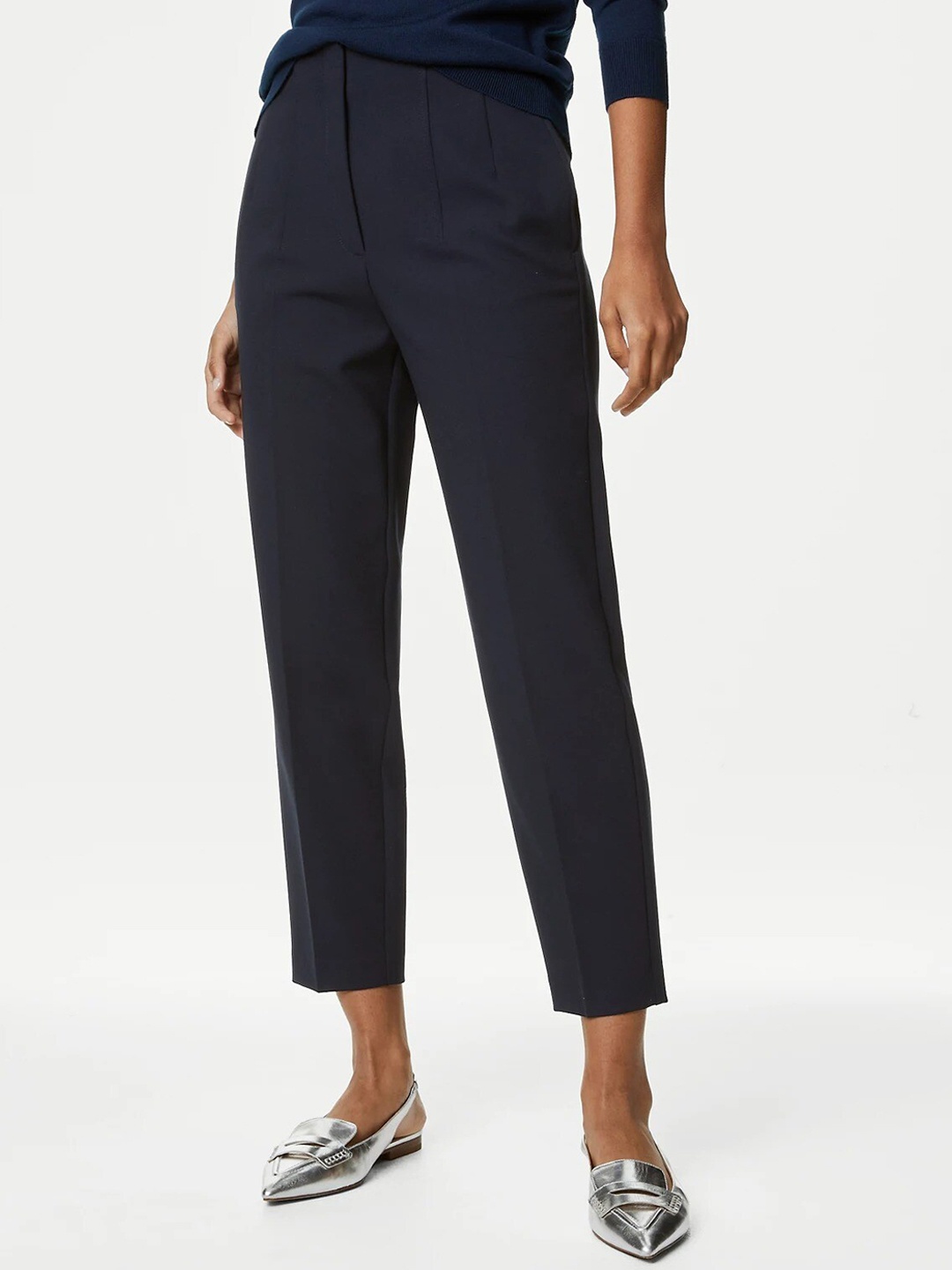 

Marks & Spencer Women Pleated High-Rise Cropped Trousers, Navy blue