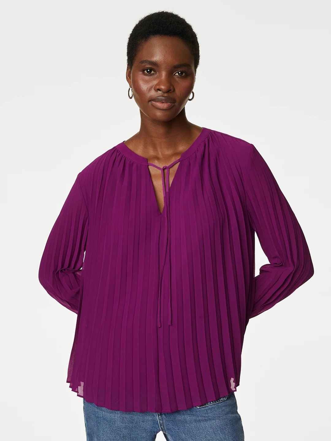 

Marks & Spencer Accordion Pleated Tie-Up Neck Top, Magenta