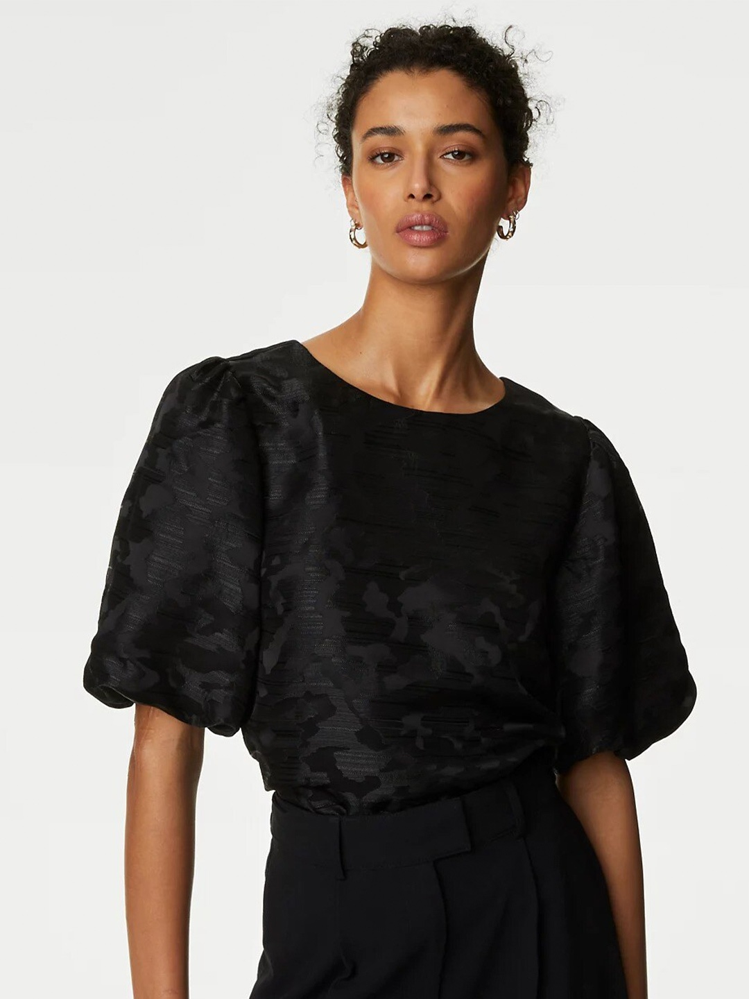 

Marks & Spencer Self Design Puff Sleeves Boat Neck Boxy Top, Black