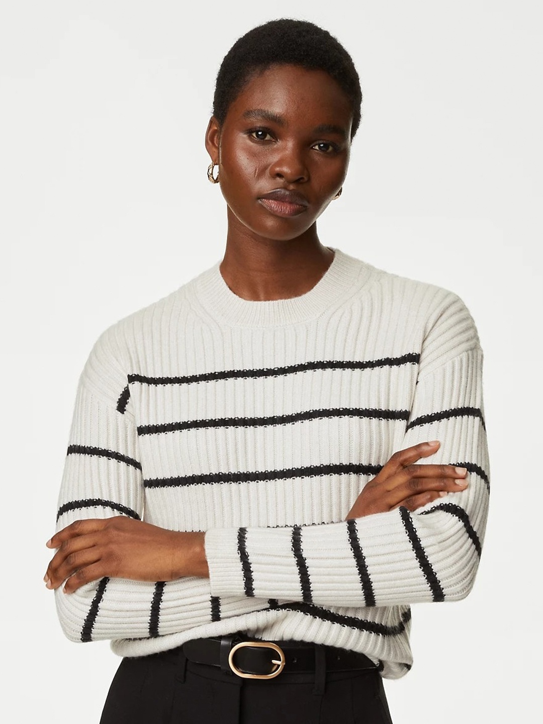 

Marks & Spencer Striped Round Neck Pullover, Off white