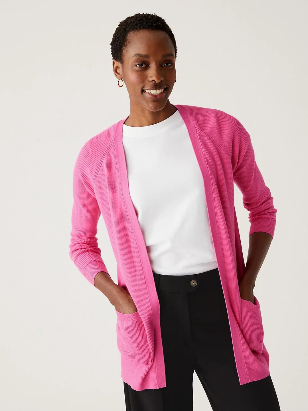 

Marks & Spencer Ribbed Long Sleeves Front-Open Sweater, Pink