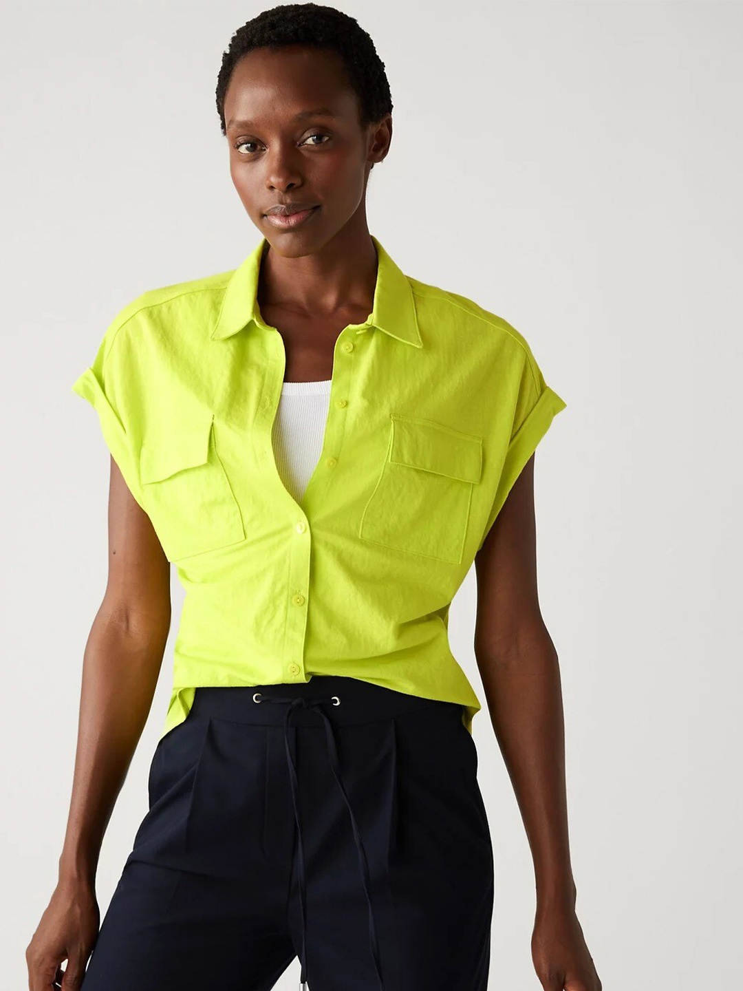 

Marks & Spencer Spread Collar Extended Sleeves Casual Shirt, Lime green