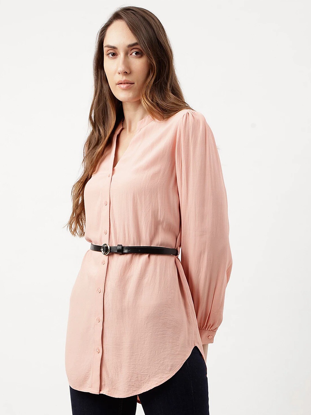 

Marks & Spencer Mandarin Collar Casual Longline Belted Shirt, Peach