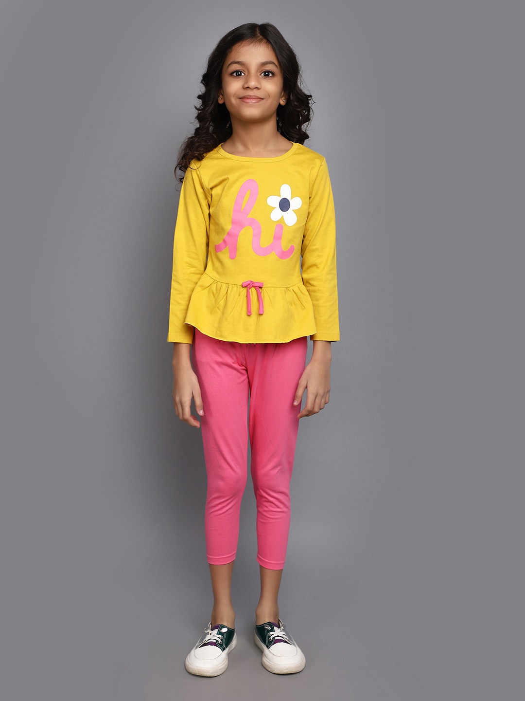 

V-Mart Girls Typography Printed Top with Leggings, Mustard