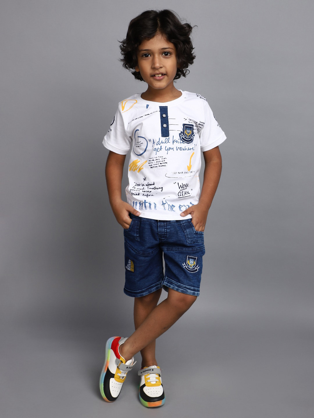 

V-Mart Boys Typography Printed T-shirt With Shorts, White
