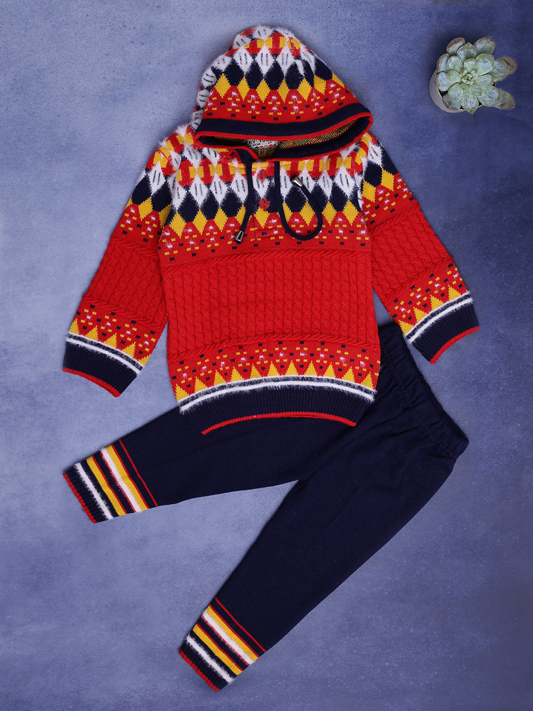 

V-Mart Boys Geometric Self Design Hooded Sweater With Trouser, Red