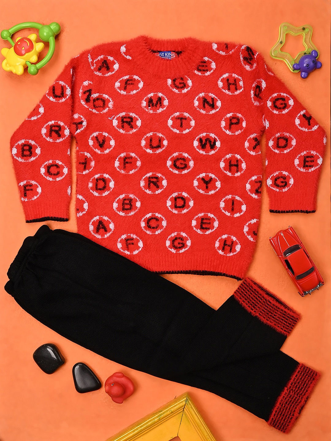 

V-Mart Boys Self Design Sweater with Trouser, Red